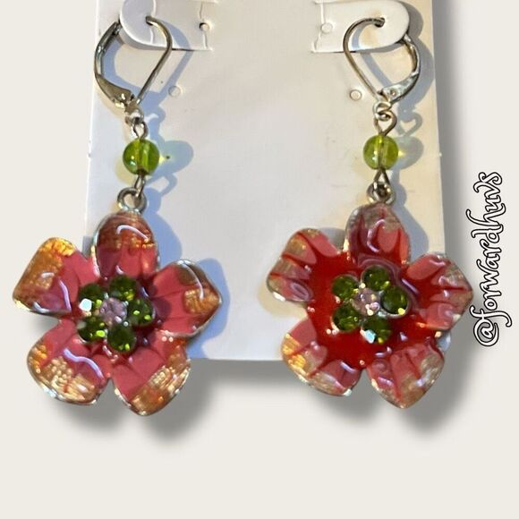 Bundle Sale 3 for $15 | Vibrant Flower Dangle Earrings with Green Beads - Picture 3 of 8